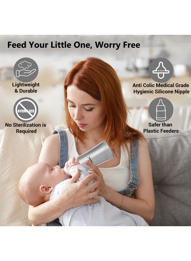 Stainless Steel Baby Feeding Bottle And Cleaning Brush Combo With Internal Ml Marking (240 Ml 1 Extra Nipple Free)