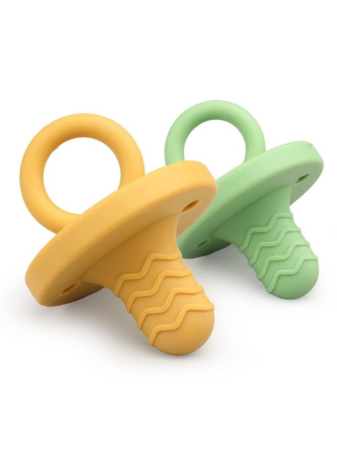 Luv Lap Silicone 2 In 1 Baby Soother Pacifier & Teether With Textured Surface & Round Handle Air Holes For Safety Anti Choking Mechanism 3 Months+ Pack Of 2 (Yellow & Green)