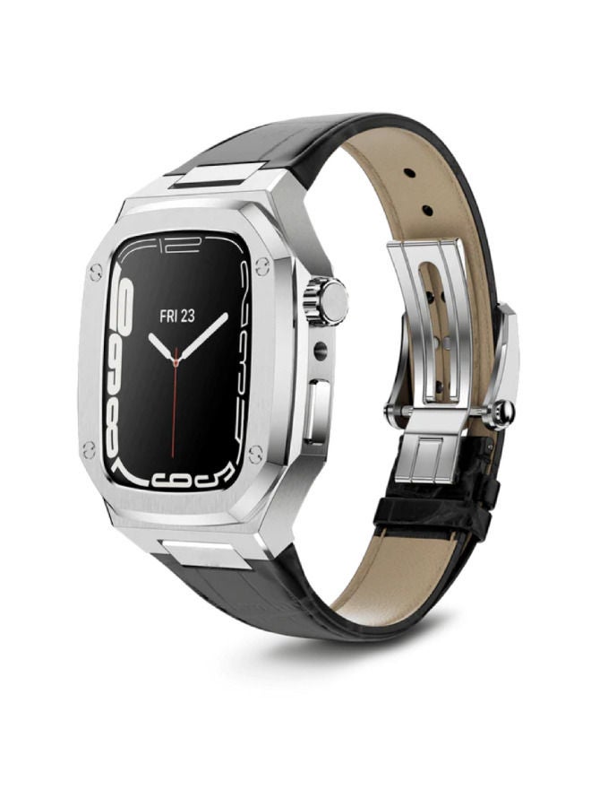 Luxury Stainless Steel Mod Kit For iWatch 45mm Leather Band Strap Series 8 7 Black Silver