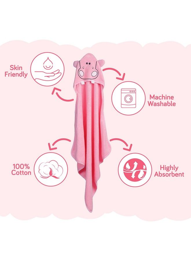 Hooded Baby Bath Towel For New Born Super Soft Made With Super Soft And Highly Absorbent 100% Zero Twist Cotton Can Be Used For Baby Swaddling (Pink Hippo)