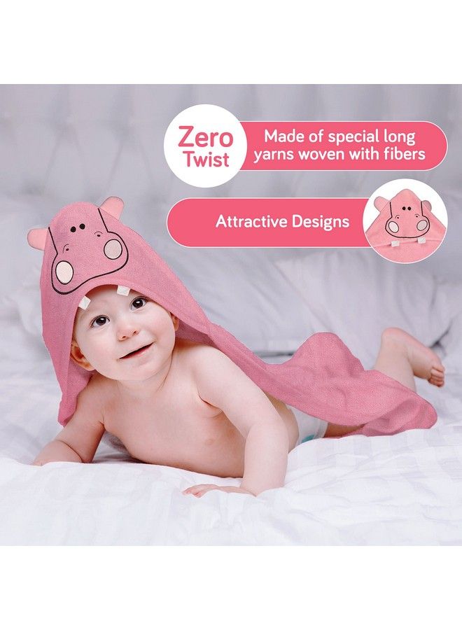 Hooded Baby Bath Towel For New Born Super Soft Made With Super Soft And Highly Absorbent 100% Zero Twist Cotton Can Be Used For Baby Swaddling (Pink Hippo)