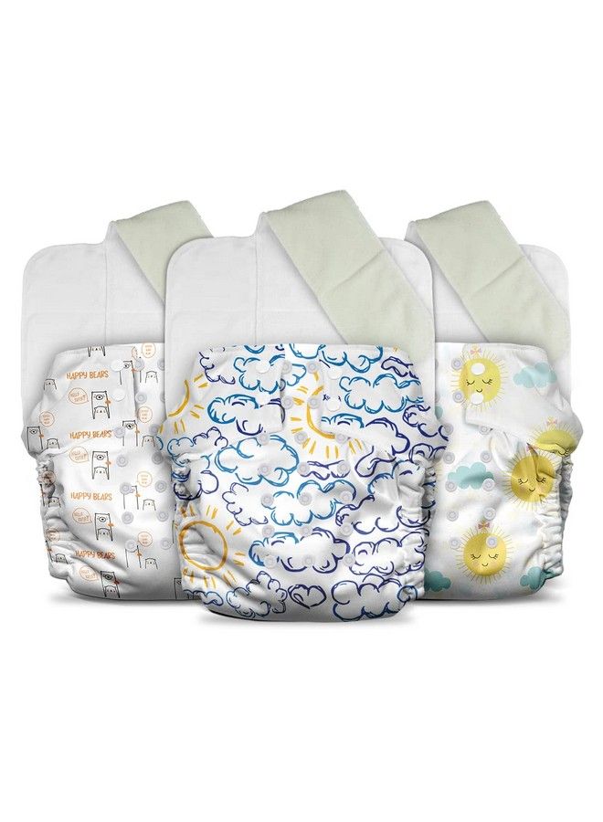 Plant Powered Cloth Diaper For Babiesfree Size ; Medical Grade Fabric With 100% Organic Cotton ; Reusable 13 Layer Breathable Soaker With Builtin Booster Pad ; Pack Of 3 (B.Hug+Cloudy+Ssun)