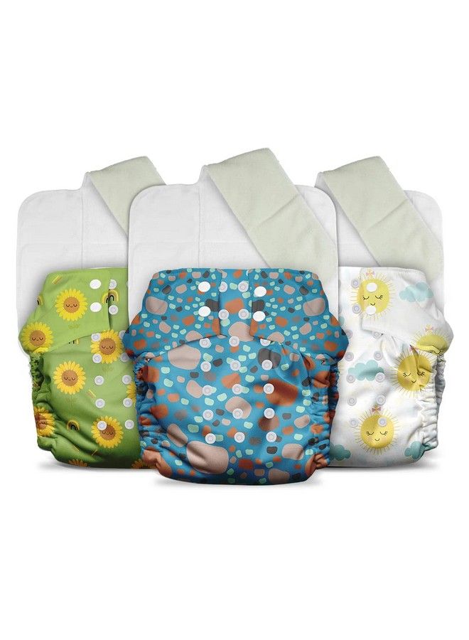 Plant Powered Cloth Diaper For Babies Free Size; Medical Grade Fabric With 100% Organic Cotton ;Reusable 13 Layer Breathable Soaker With Builtin Booster Pad ; Pack Of 3 (Pebble+Ssun+Sflower)