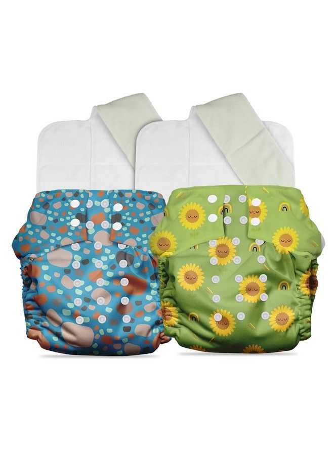 Plant Powered Cloth Diaper For Babiesfree Size ; Medical Grade Fabric With 100% Organic Cotton ;Reusable 13 Layer Breathable Soaker With Builtin Booster Pad ; Pack Of 2 (Pebbles&S.Flower)