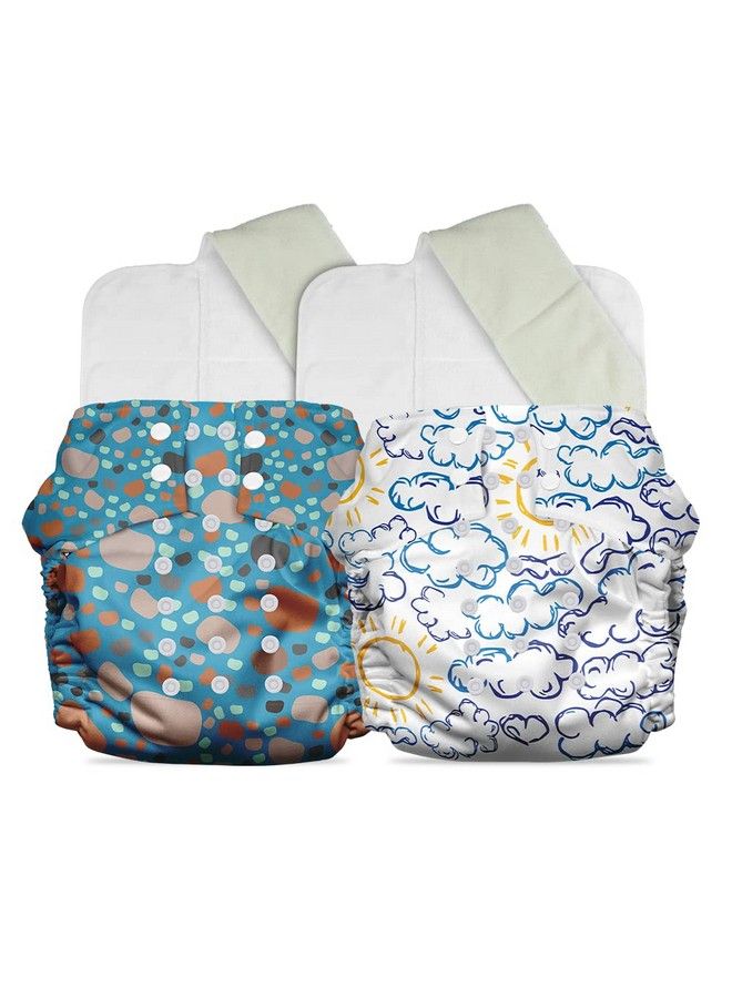 Plant Powered Cloth Diaper For Babiesfree Size ; Medical Grade Fabric With 100% Organic Cotton ; Reusable 13 Layer Breathable Soaker With Builtin Booster Pad ; Pack Of 2 (Pebbles&Cloudy)