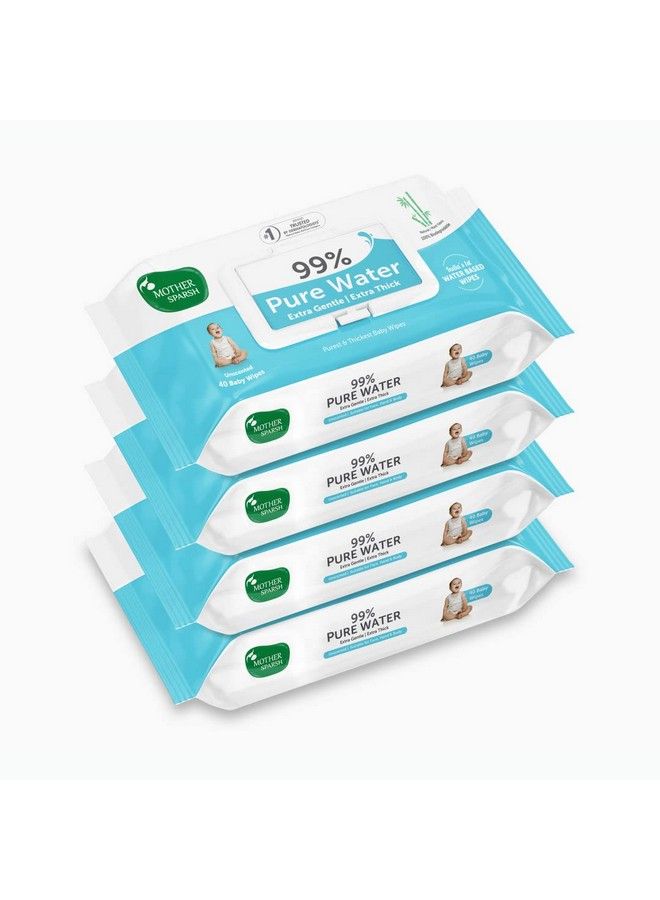 99% Pure Water Baby Wipes Pack Of 4 (40 X 4 Wipes) ; Travel Friendly Pack Made With Plant Based Fabric