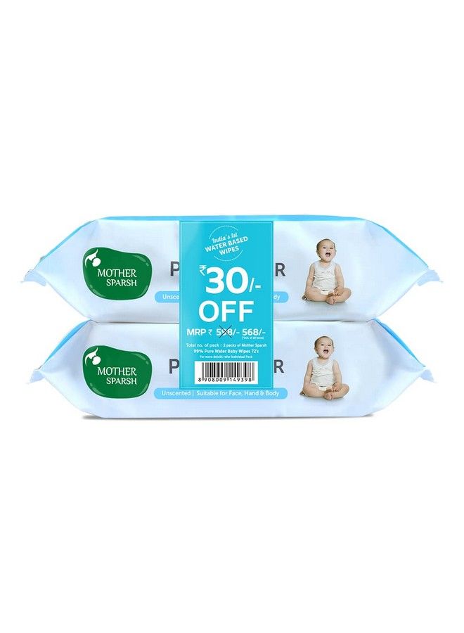 99% Pure Water (Unscented) Baby Wipes I Natural Plant Made Cloth Super Thick I 72 Pcs/Pack Pack Of 2 (Super Saver Pack)