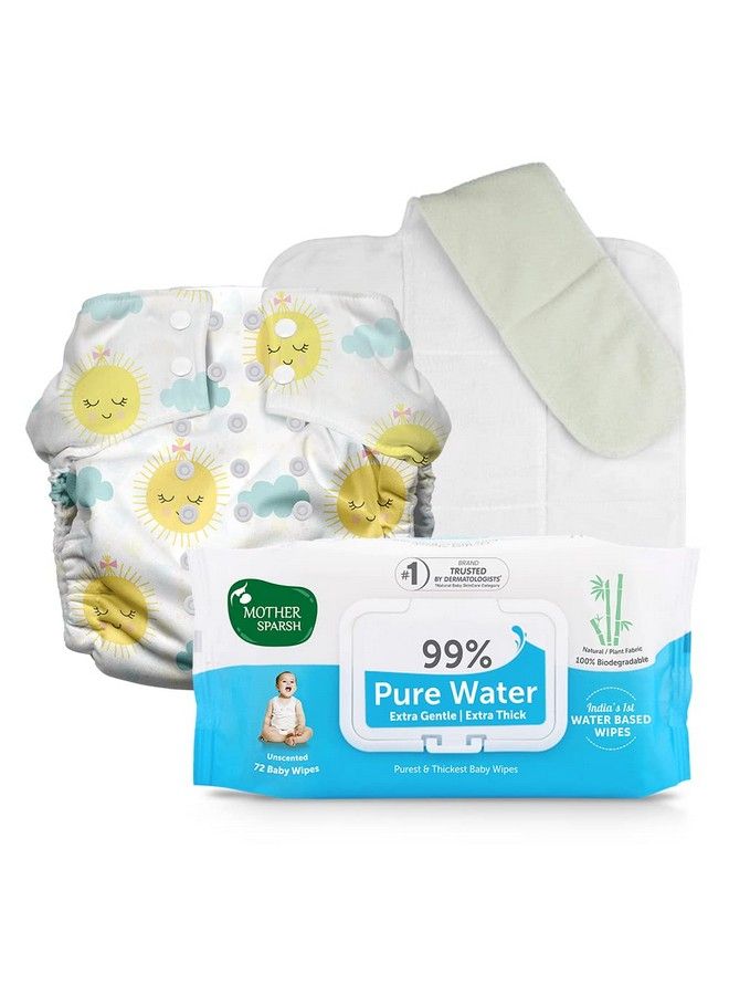 Plant Powered Cloth Diaper With Free 99% Pure Water Baby Wipes (72Pcs) ; Reusable Cloth Diaper For Babies With Built In Booster Pad (Snoozy); Unscented Baby Wipes