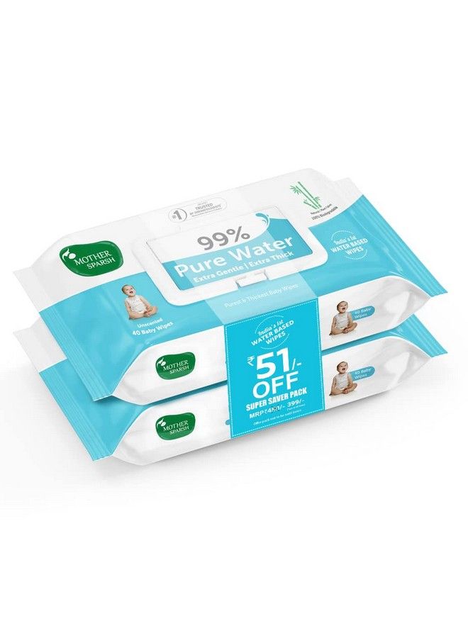 99% Pure Water Baby Wipes (40X2) Super Saver Travel Friendly Combo Pack ; Wipes Made With Plant Based Fabric