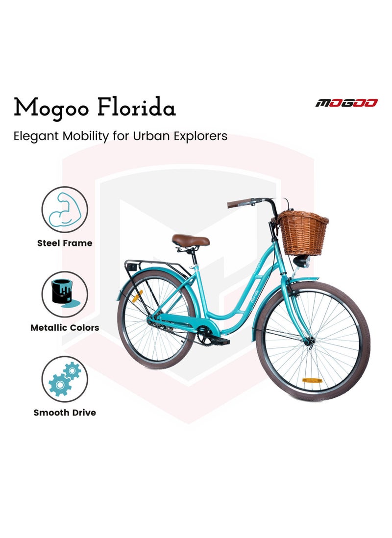 Mogoo Florida Single Speed Cruiser Bike 24 Inch - Classic City Bike - Steel Frame Fixed-Gear Road-Bike - Comfort Cycle For Women - Bicycle Adult - Wicker Basket - Rear Carrier - Dynamo-Light - Green