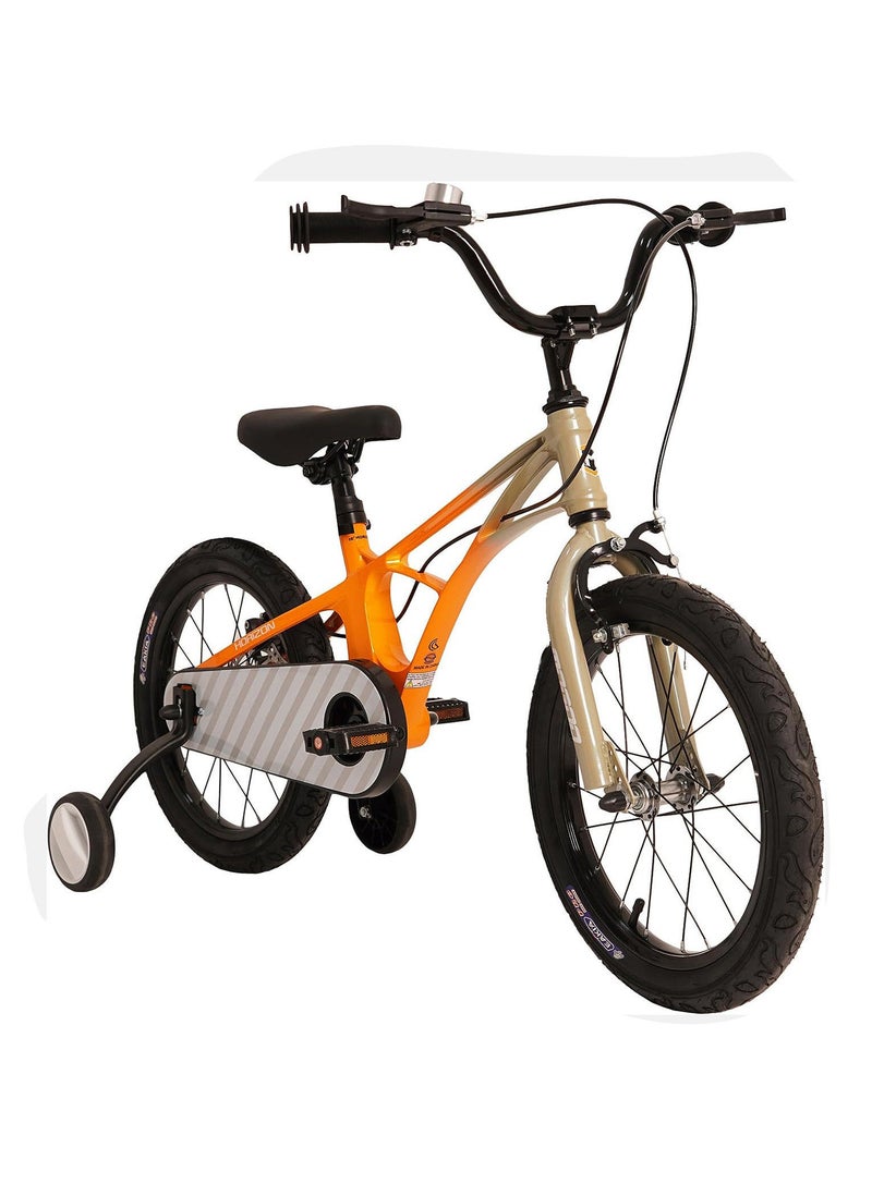 Mogoo Horizon Lightweight Magnesium Bike 4-7 Years Old - Adjustable Height - Disc Handbrakes - Reflectors - Gift for Kids - 16 Inch Bicycle with Training Wheels - Orange