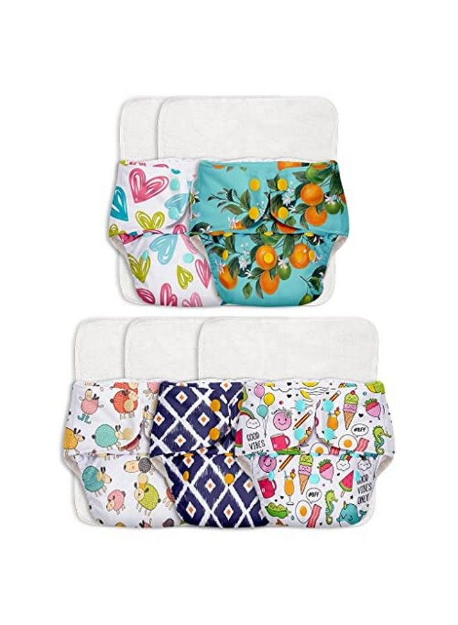 5 Basic Assorted Reusable Cloth Diapers For Babies 03 Years ; Freesize Adjustable Washable & Organic Baby Diapers For Day Time Use (Comes With Quick Dry Foladable Dry Feel Pad Soaker Insert)