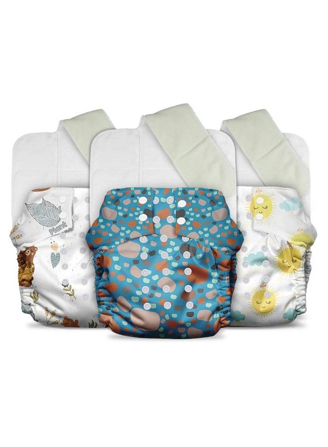 Plant Powered Cloth Diaper For Babiesfree Size ; Medical Grade Fabric With 100% Organic Cotton; Reusable 13 Layer Breathable Soaker With Builtin Booster Pad ; Pack Of 3 (Pebbles+B.Hugs+S.Sun)