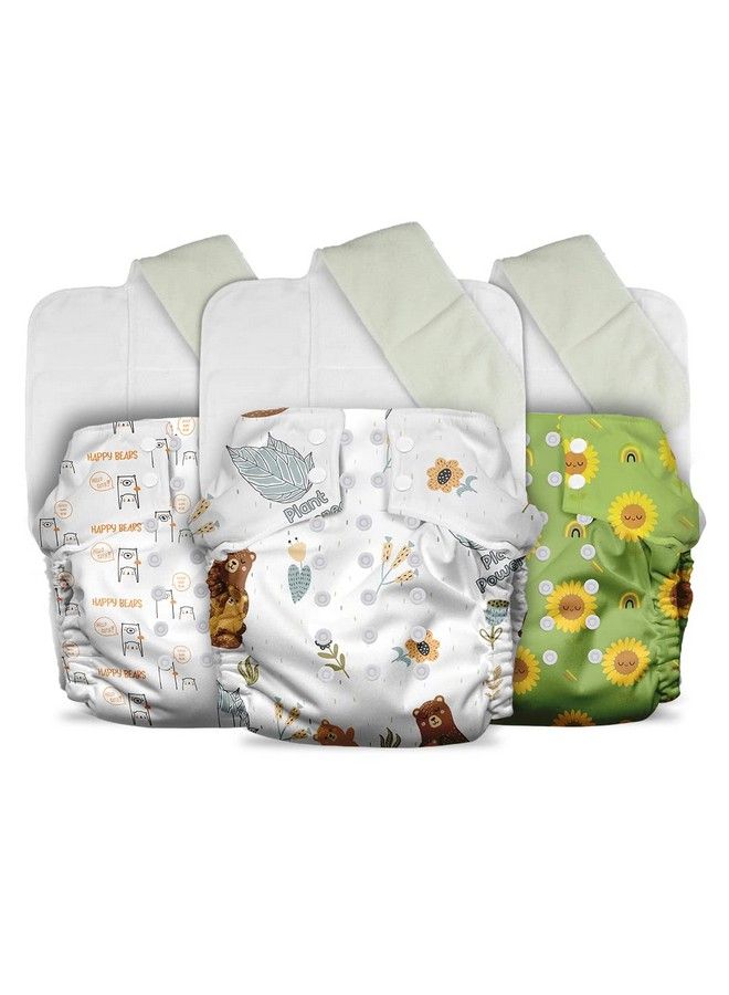 Plant Powered Cloth Diaper For Babiesfree Size ; Medical Grade Fabric With 100% Organic Cotton ; Adjustable13 Layer Breathable Soaker With Builtin Booster Pad ;Pack Of 3 (Bhug+Bcute+Sflower)