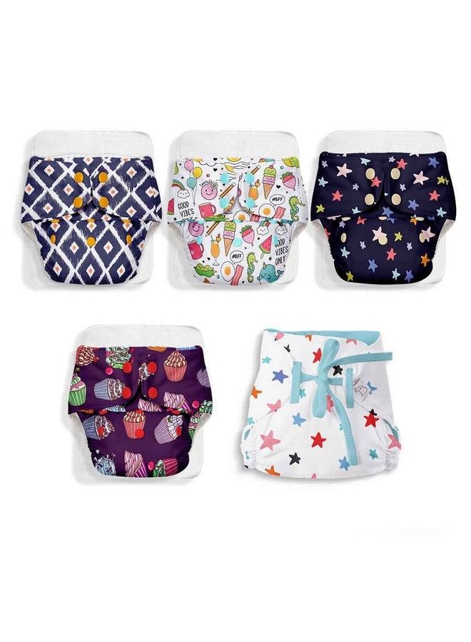 Basic Pack Of 4 Assorted Cloth Diaper For Baby And 1 Dry Feel Langot (Fits 05 Kg) ; Washable & Reusable Cotton Diaper For 03 Yrs ; Freesize Adjustable ; Reduces Rash ; With 4 Quick Dry Pad Insert