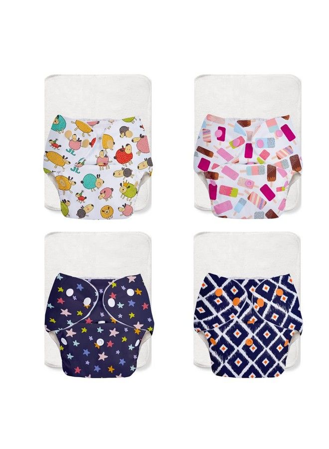 Basic Easypack Of 8 ;4 Cloth Diapers+ 4 Insertsfreesize Adjustable & Reusable Cloth Diaper For Babies 03 Years ; With Quick Drying Prefold Style Soakerassorted (1) Print May Vary