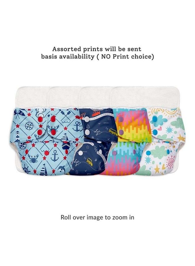 Basic Easypack Of 8 ;4 Cloth Diapers+ 4 Insertsfreesize Adjustable & Reusable Cloth Diaper For Babies 03 Years ; With Quick Drying Prefold Style Soakerassorted (1) Print May Vary