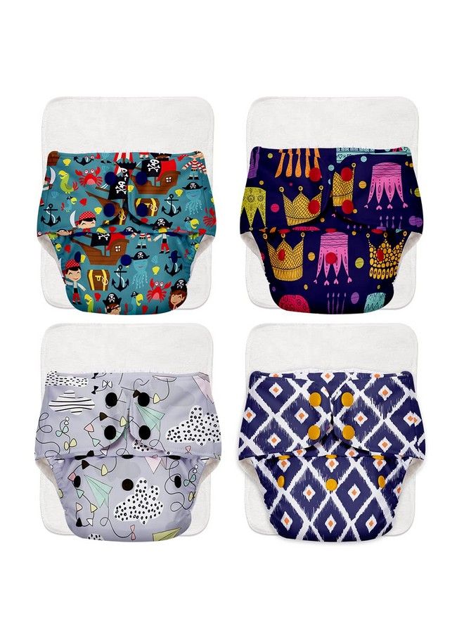 Basic Pack Of 4 Freesize Adjustable Washable And Reusable Cloth Diaper For Babies 03 Years ; One Size Adjustable Diapers (Pack Of 4 Diapers+ 4 Inserts) Assorted Prints