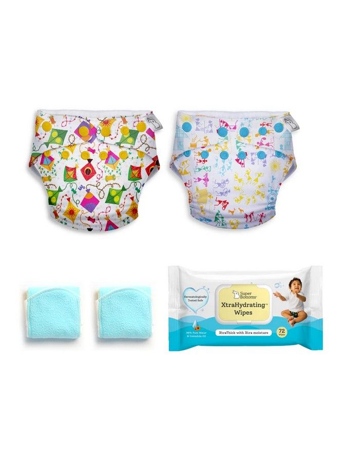 Pack Of 2 Cloth Diapers For Babies And Xtrahydrating™ Wipes72 Packfreesize Washable & Reusable Waterproof Adjustable Cloth Diaper For Babies From 517Kgs;Diaper With 2 Dry Feel Pad