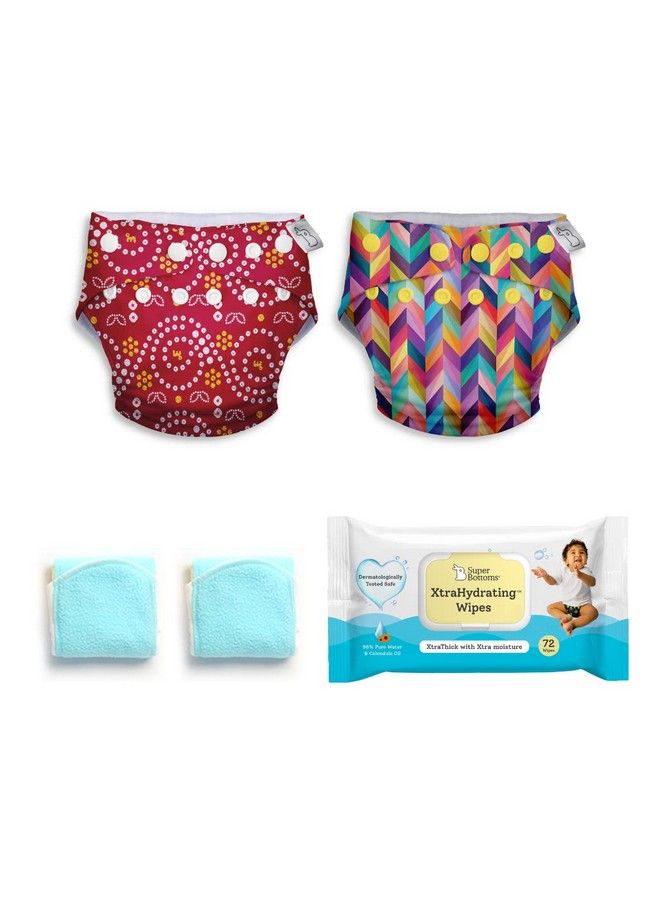 Pack Of 2 Cloth Diapers For Babies And Xtrahydrating™ Wipes72 Packfreesize Washable & Reusable Waterproof Adjustable Cloth Diaper For Babies From 517Kgs;Diaper With 2 Dry Feel Pad