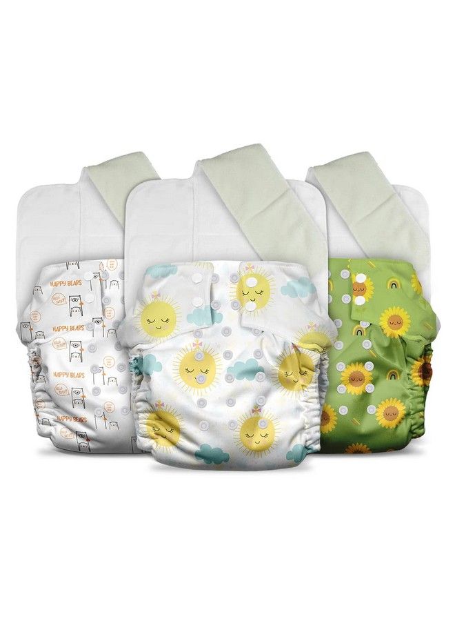 Plant Powered Cloth Diaper For Babiesfree Size ; Medical Grade Fabric With 100% Organic Cotton; Reusable 13 Layer Breathable Soaker With Builtin Booster Pad ; Pack Of 3 (S.Sun+Sflower+B.Cute)