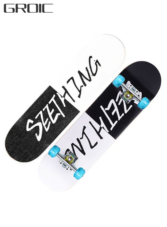 31 Inch Skateboard Shockproof Double Warped Colourful LED Light Up Wheels for Beginners Professionals Double-Sided Black White