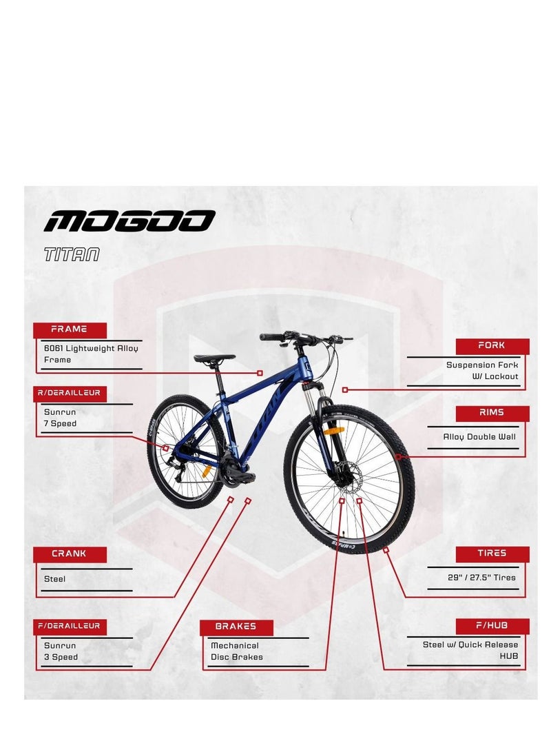 Mogoo Titan Aluminum Alloy Mountain Bike 27.5 Inch - 21 Speed Drivetrain - Bicycle Adult - Mechanical Disc Brakes - Adjustable Seat - 21 Gear - Suspension MTB Cycle for Men and Women - Blue