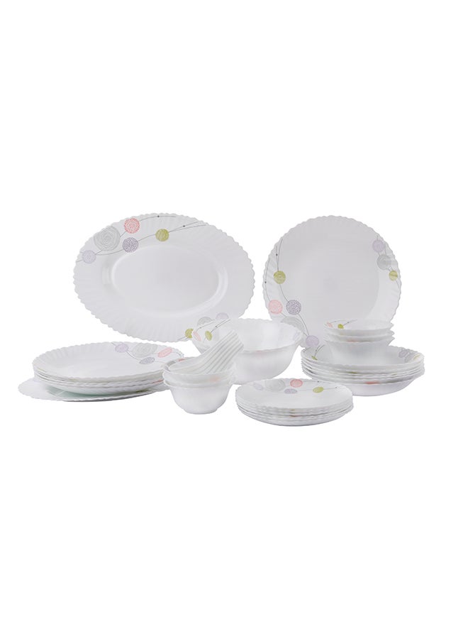 34-Piece Opalware Dinner Set White/Grey/Pink Dinner Plate 10 inch, Quarter Plate 7.5 inch, Oval Plate 13 inch, Deep Soup Plate 8 inch, Soup Bowl 5 inch, Serving Bowl 8inch