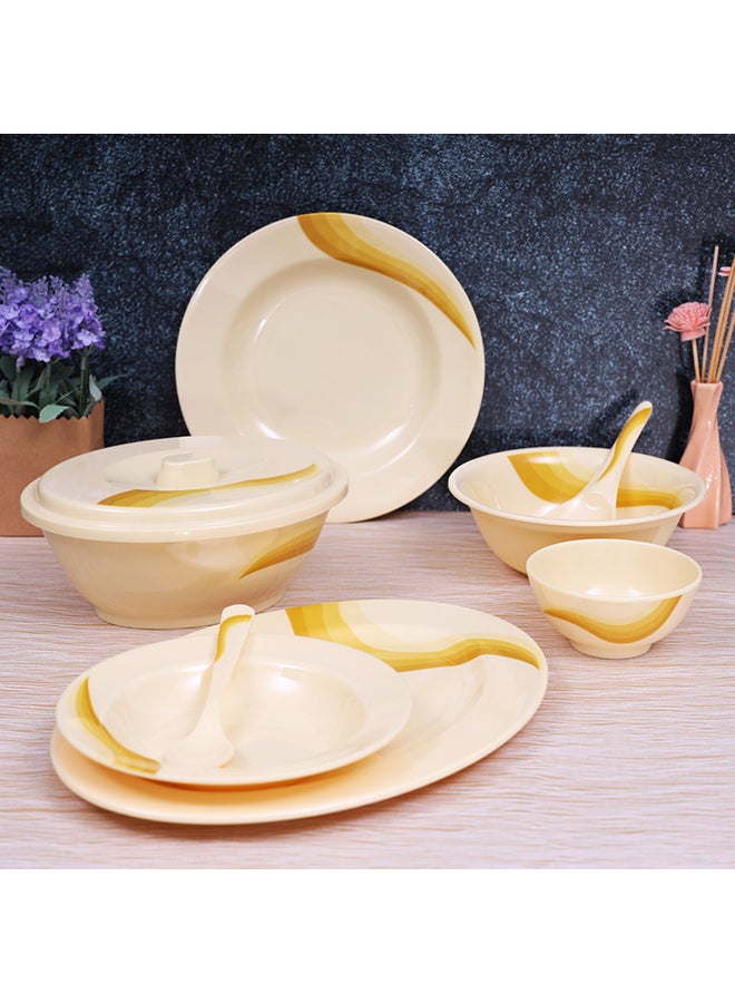 40-Piece Melamlne Printed Dinner Set With 8X25Cm Deep Plates, 8X20Cm Soup Plates, 1X36Cm Oval Plate, 1X23Cm Oval Bowl With Lid, 8Xsoup Spoons, 2Xrice Spoons, Serves 8 For Everyday Use, Yellow Yellow 10inch