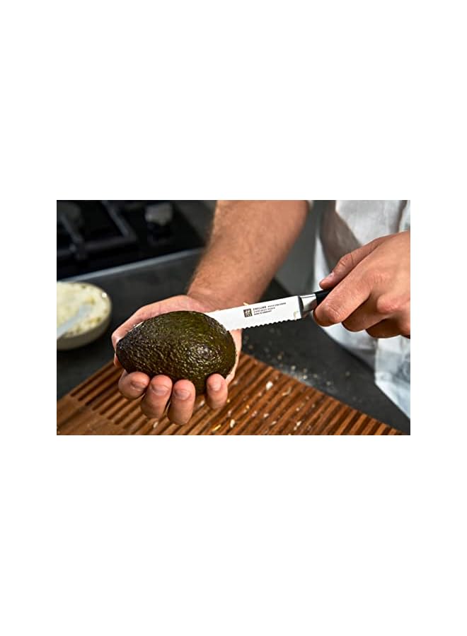 Four Star Utility Knife 13cm. Ergonomic handle. Forged Special Formula High-Carbon stainless steel. Ice-hardened. Precision-honed. 57 Rockwell Hardness. 15 degrees edge angle. Made in Germany