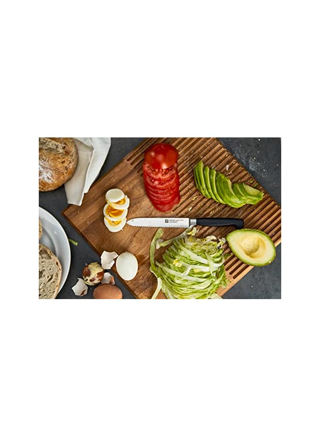 Four Star Utility Knife 13cm. Ergonomic handle. Forged Special Formula High-Carbon stainless steel. Ice-hardened. Precision-honed. 57 Rockwell Hardness. 15 degrees edge angle. Made in Germany