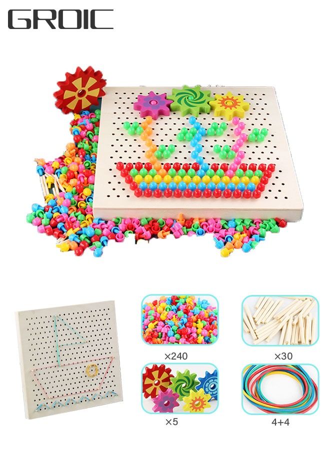 283 Pieces Wooden Peg Board Toys Mushroom Nails, 2 in 1 Color Matching Mosaic Pegboard , Button Art Toys for Toddlers , Early Learning Educational Toys for Boys & Girls