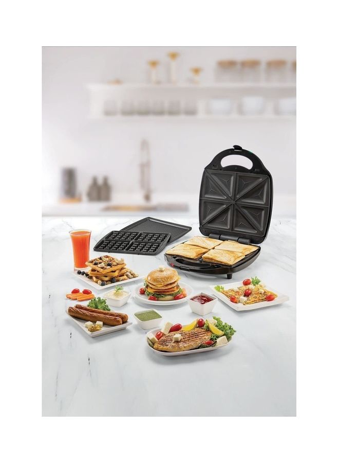 3-in-1 Sandwich, Waffle Maker, and Grill, 4 Slice Capacity, Interchangeable Plates, 180° Flat Grill, Compact, Locking Clamp, Safe, Even Cooking, 1400 W TS4130-B5 black