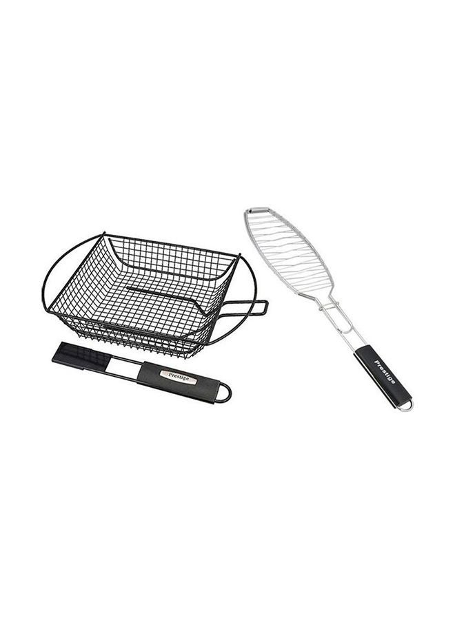 BBQ Vegetable And Shrimp Basket With Reversible Fish Grill Silver/Black 30cm