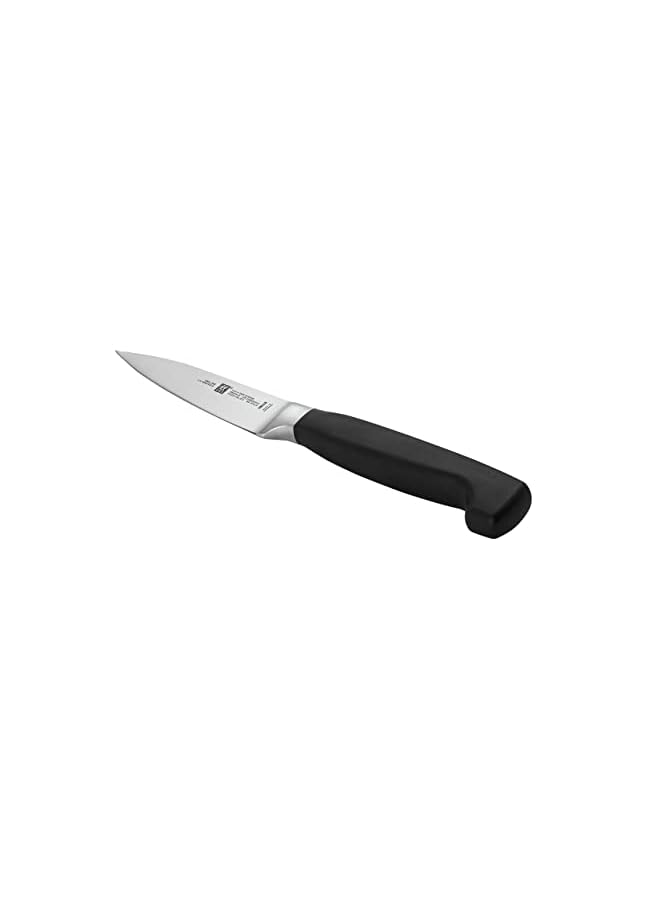 Four Star Paring Knife 10cm. Ergonomic handle. Forged Special Formula High-Carbon stainless steel. Ice-hardened. Precision-honed. 57 Rockwell Hardness. 15 degrees edge angle. Made in Germany