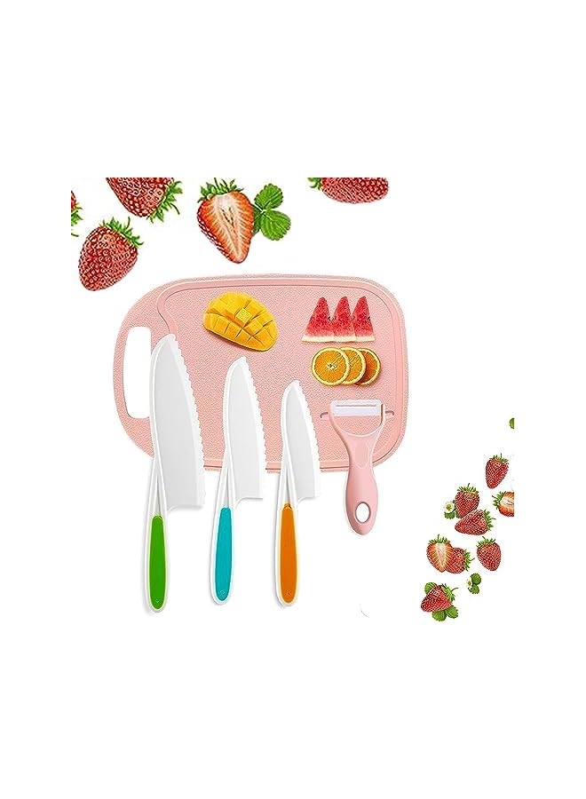 Kids Knifes Set,5Pack Knives Safe Baking Cutting Cooking Children's Beginners Cut Fruits Salad Veggies CakeFun Firm Grip Serrated Edges Friendly Childrens Knife With Board Peeler (PINK)