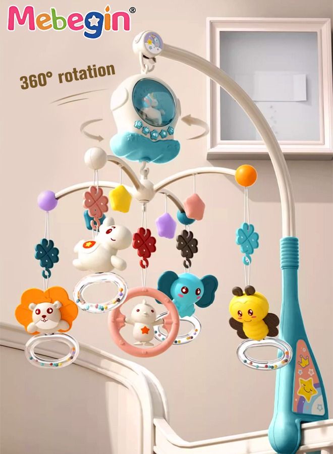 Baby Crib Mobile with Lights, Music and Teether Rattle, Universal Crib Attachment, Adorable crib hanging toys, Multifunctional Hanging Toys, Ideal Nursery Toy for Babies, 3 AA Batteries Required(Not Included)