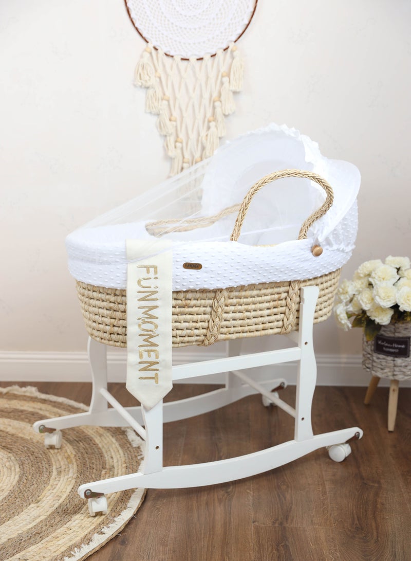 Moses Basket Cot with Wheels Stand (White)