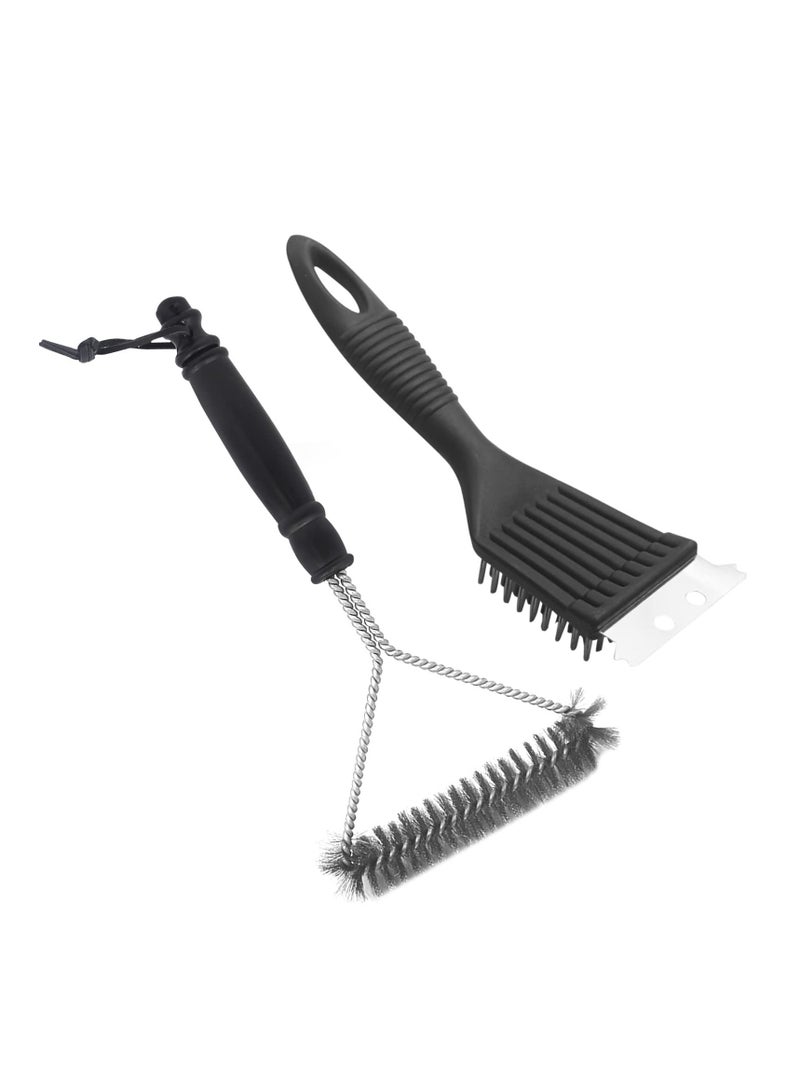 Grill Cleaning Brush 2 Pack Triangle Metal Bristles Cleaner with Scraper and Long Handle Stainless Grill Grate Cleaner Perfect for All Grilling Tools