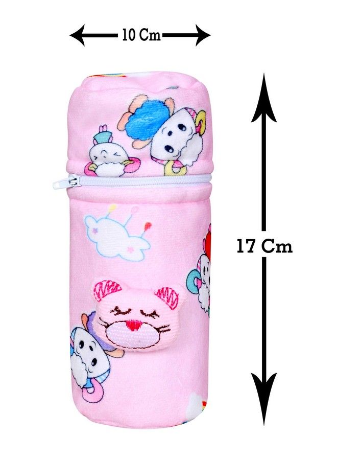 Soft Plush Stretchable Baby Feeding Bottle Cover With Easy To Hold Strap ; Cute Animated Overall Print Pack Of 2 (Pink & Blue Zip Closure 120Ml150Ml 4Oz5Oz)