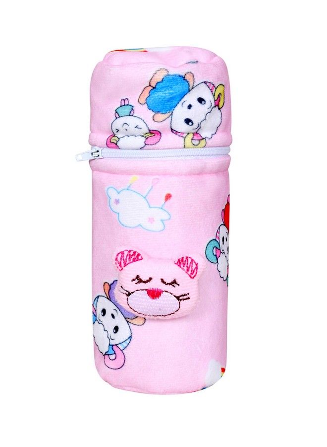 Soft Plush Stretchable Baby Feeding Bottle Cover With Easy To Hold Strap ; Cute Animated Overall Print Pack Of 2 (Pink & Blue Zip Closure 120Ml150Ml 4Oz5Oz)