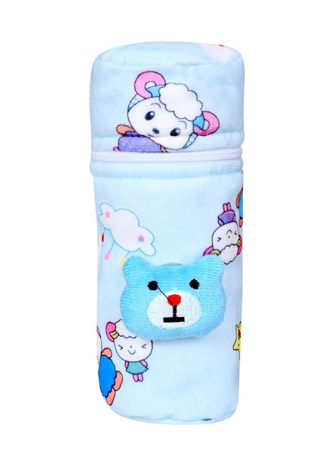 Soft Plush Stretchable Baby Feeding Bottle Cover With Easy To Hold Strap ; Cute Animated Overall Print Pack Of 2 (Pink & Blue Zip Closure 120Ml150Ml 4Oz5Oz)