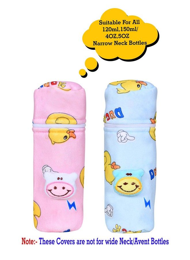 Soft Plush Stretchable Baby Feeding Bottle Cover With Easy To Hold Strap ; Cute Animated Overall Print Pack Of 2 (Pink & Blue Zip Closure 120Ml150Ml 4Oz5Oz)