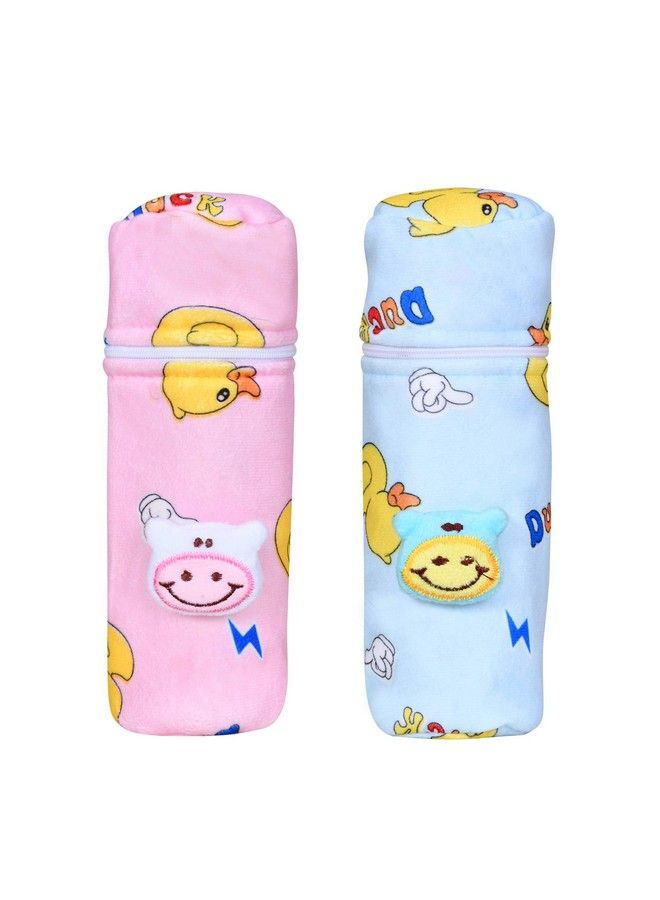 Soft Plush Stretchable Baby Feeding Bottle Cover With Easy To Hold Strap ; Cute Animated Overall Print Pack Of 2 (Pink & Blue Zip Closure 120Ml 150Ml;4Oz5Oz)