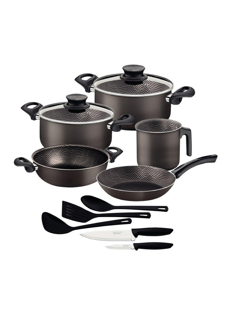 Since 1911,Made in Brazil- Paris, 12-piece Cookware Set, Lead-Colored Aluminum, Interior Starflon Max, Exterior Starflon Max, Nonstick Coating, PFOA Free, Tempered-Glass Lids, Steam Vents, Stainless-Steel Rims, Heat-Resistant Handles, Heat-Resistant Knobs, Nylon Utensils, Knives, Stainless-Steel Blades, Polypropylene Handles -