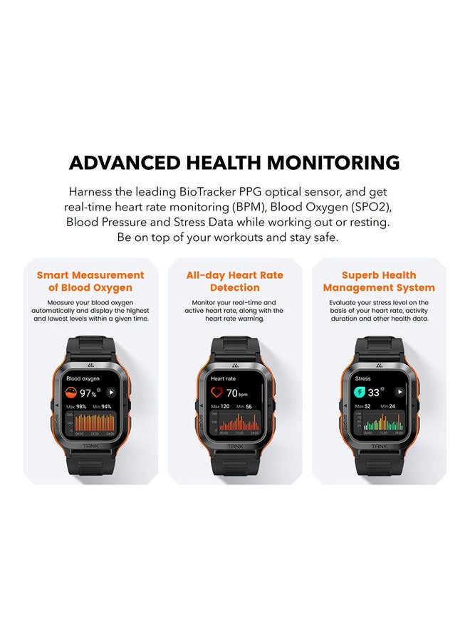 Tank M2 Bluetooth Answer Make Call Smart Watches For Men 5 ATM US Military Certified With 70 Sport Modes 1.85 Inch For Android IOS IPhones With Heart Rate Blood Pressure Black/Orange