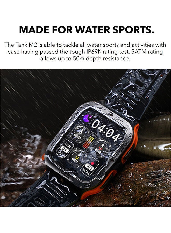 Tank M2 Bluetooth Answer Make Call Smart Watches For Men 5 ATM US Military Certified With 70 Sport Modes 1.85 Inch For Android IOS IPhones With Heart Rate Blood Pressure Black/Orange