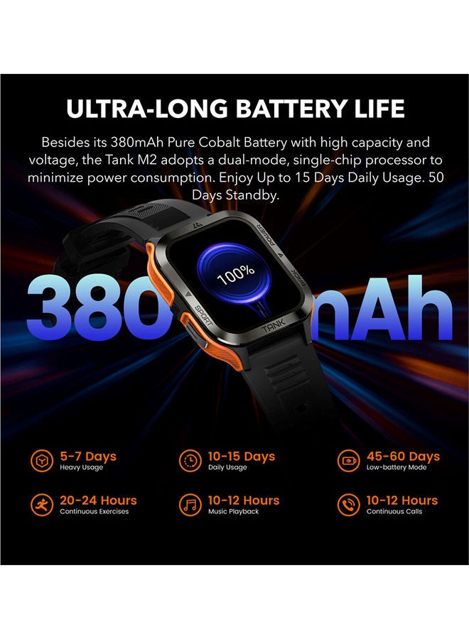 Tank M2 Bluetooth Answer Make Call Smart Watches For Men 5 ATM US Military Certified With 70 Sport Modes 1.85 Inch For Android IOS IPhones With Heart Rate Blood Pressure Black/Orange