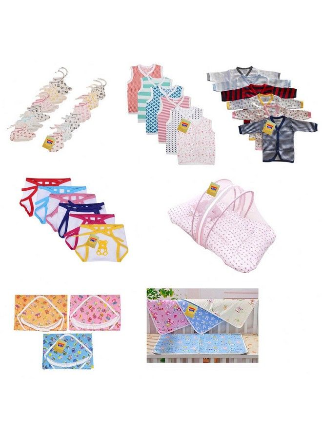 New Born Baby'S 1 Mosquito Net 6 Shirts 6 Vests 6 Booty Mittens 6 Nappy 4 Sheets 3 Blankets Combo Pack Of 7 Items In A Single Packet (Multicolour 06 Months)