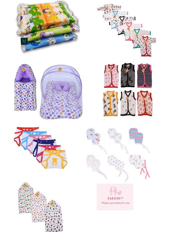 Newborn Baby'S Cotton Daily Essential Items Mattress With Net Sleeping Bag 6 Shirts 6 Vest 6 Mittens 3 Bed 3 Wrapper 6 Nappies Combo (Multicolour 06 Months)Pack Of 32